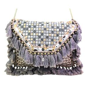 ibBan GRAY BEADED SEQUINS COTTON FLAP FRINGE X-BODY SHOULDER BAG HANDBAG PURSE